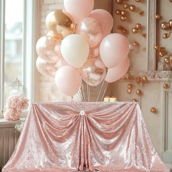 SET OF 2! Rose Gold Sequin Tablecloth Pink Gold Square Overlay 50x50" - Picture 6 of 7